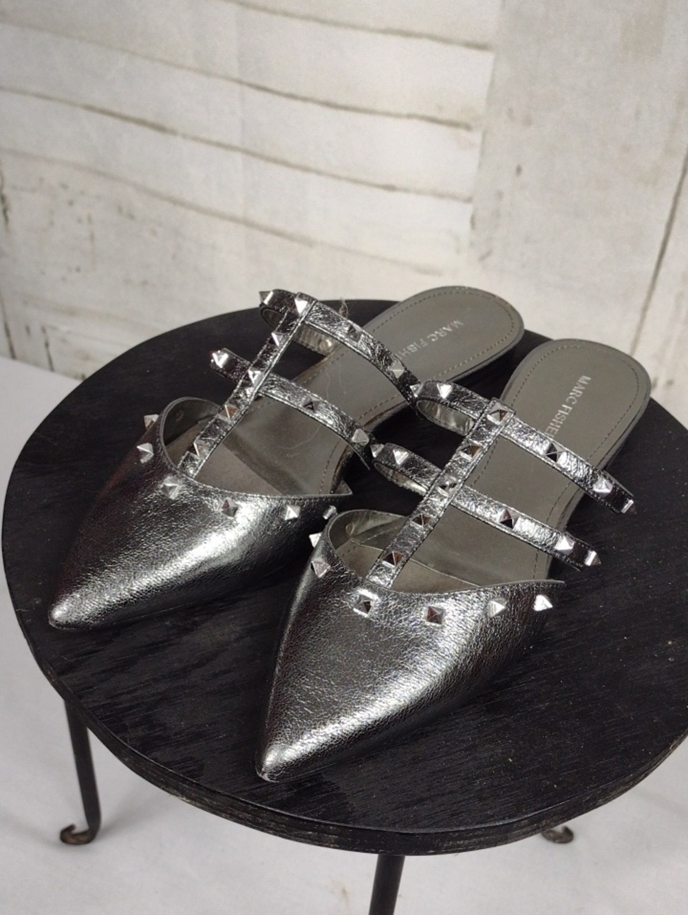 Marc Fisher Metallic Silver Studded Mules Size 9.5
